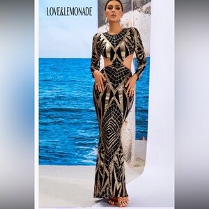 Black and Gold Sequin Cutout Maxi Dress